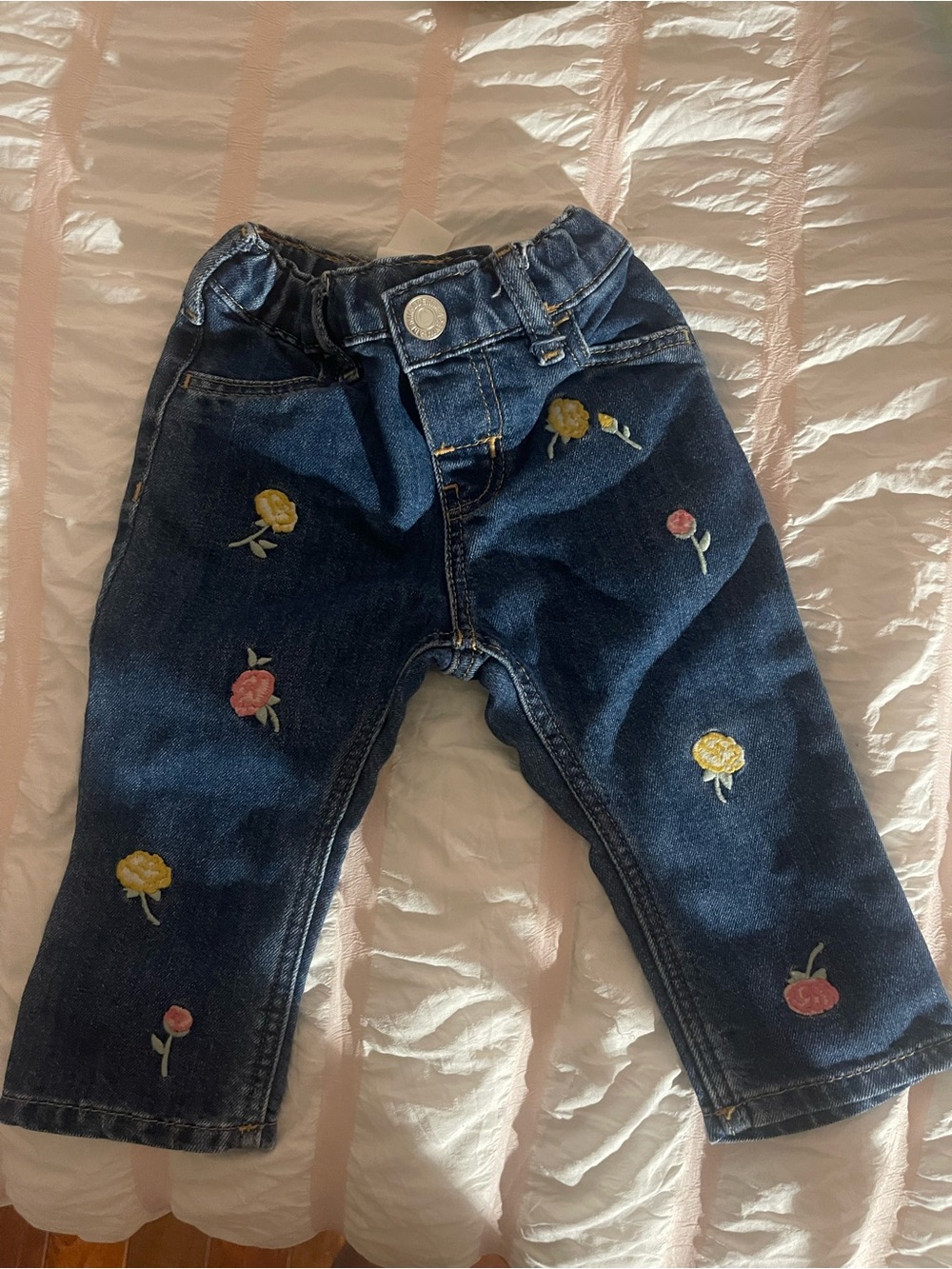 H&M Dark Blue Denim Jeans with Yellow and Pink Floral Embroidery